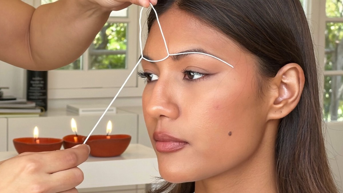 Eyebrow threading with cotton thread on a woman's brow in a UK brow bar ahead of Diwali in November