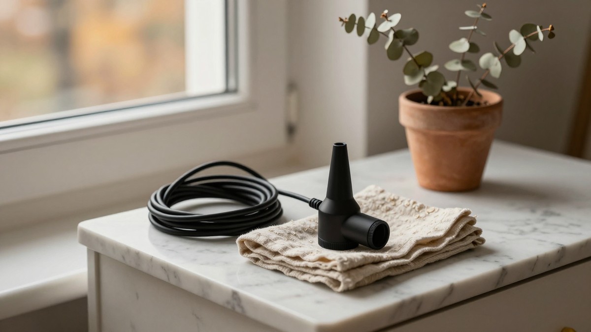 A coiled black appliance cord and a matte black concentrator nozzle resting on a folded linen towel on a pale marble dressing table in low autumn window light
