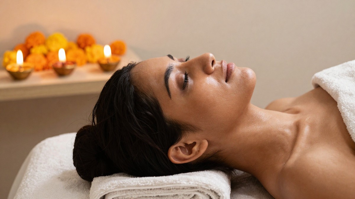 A woman relaxing during a gentle hydrating facial at a UK salon, with brass diya lamps and marigolds in the background ahead of Diwali