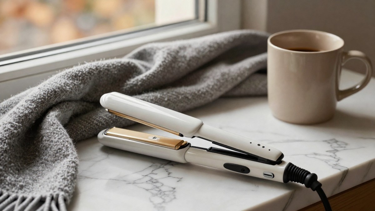 A pair of black hair straighteners with the cord coiled beside a phone showing a price history graph, on a wooden dressing table in November window light