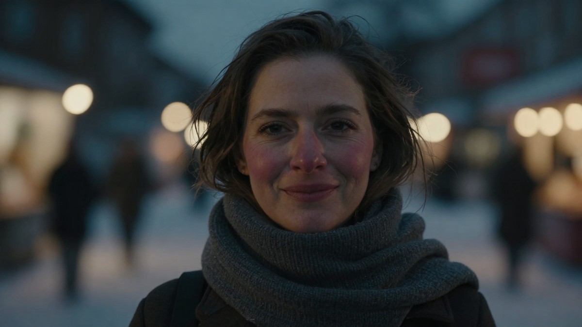 A woman outdoors at a Christmas market on a cold December evening, cheeks and nose flushed pink from the cold, wearing a thick wool snood, with blurred warm festive lights behind her