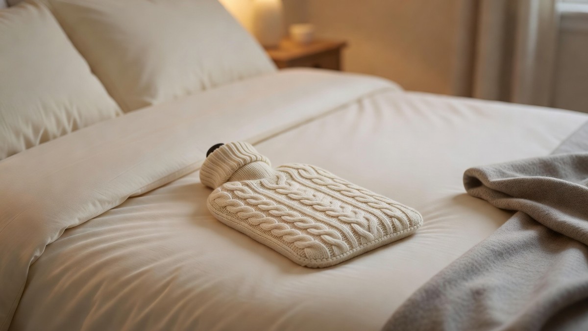 A hot water bottle in a cream cable-knit cover lying on a made bed beside a grey wool throw