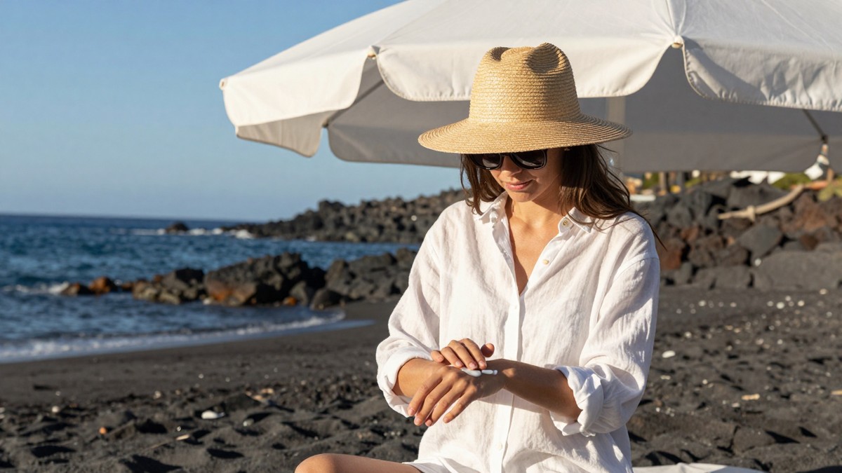 A woman in a straw hat, sunglasses and a long-sleeved white linen shirt rubbing sun cream into her hand under a white parasol on a black volcanic sand beach