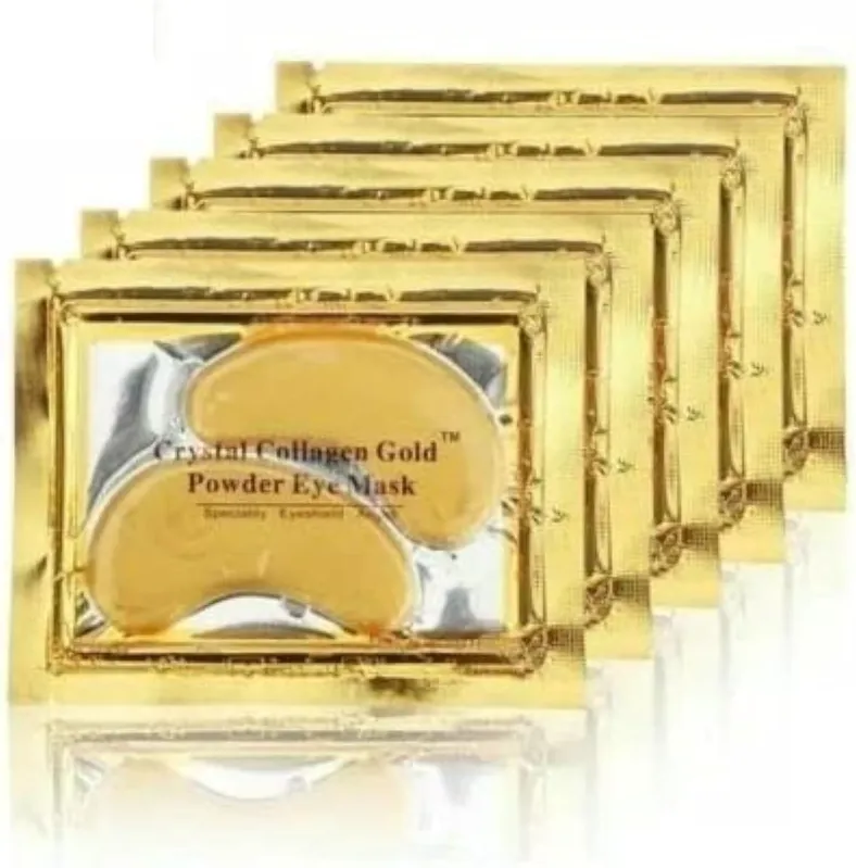 OVALA Crystal Collagen 24k Gold Under Eye Gel Patches packaging showing 10 pairs in metallic gold sachets