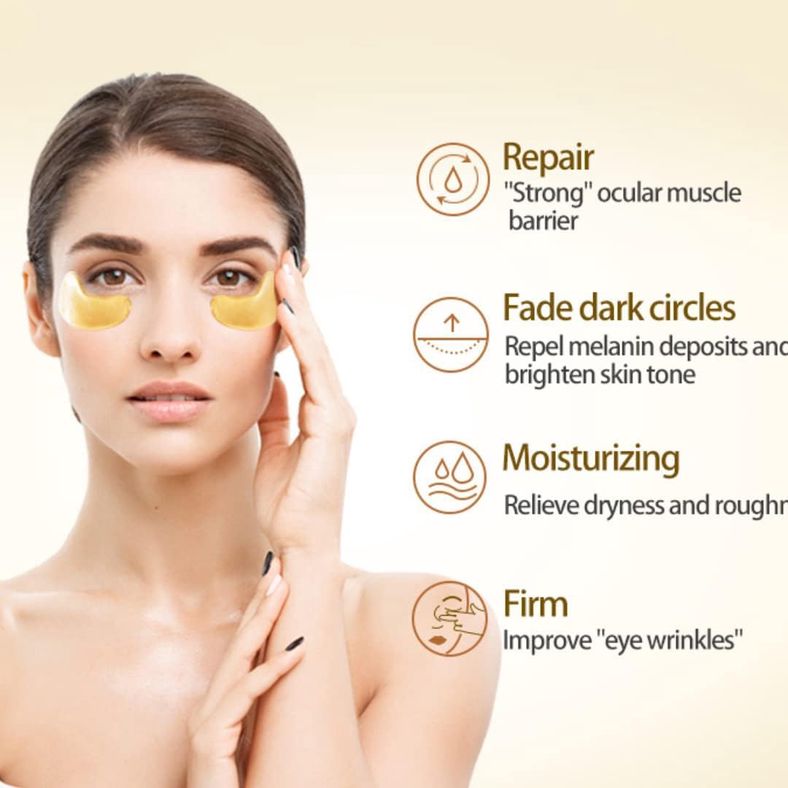 Woman applying golden under-eye patches showing benefits of repair, fade dark circles, moisturizing, and firming