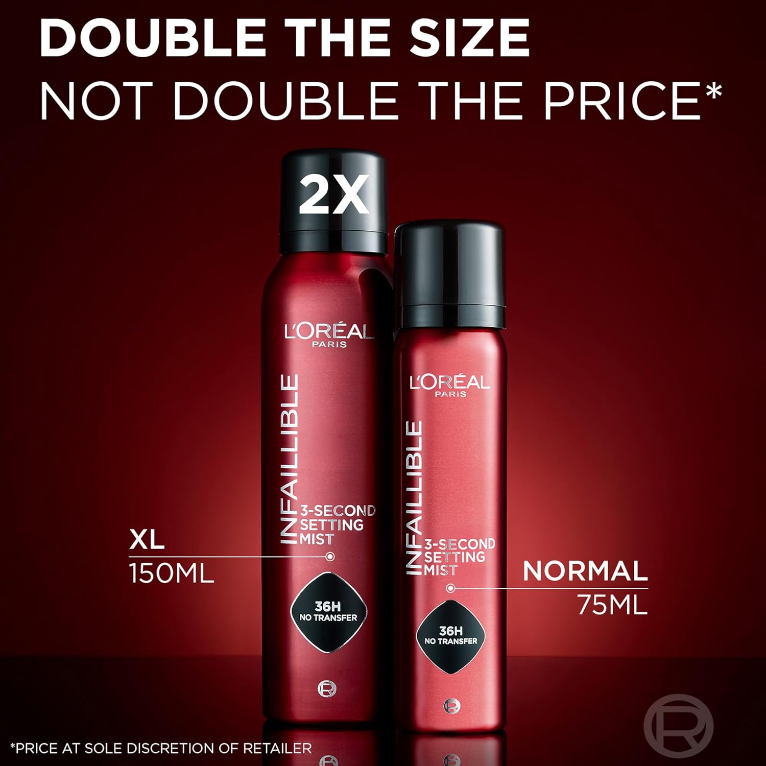 L'Oreal Paris Infallible Setting Spray XL 150ml next to the standard 75ml size for comparison
