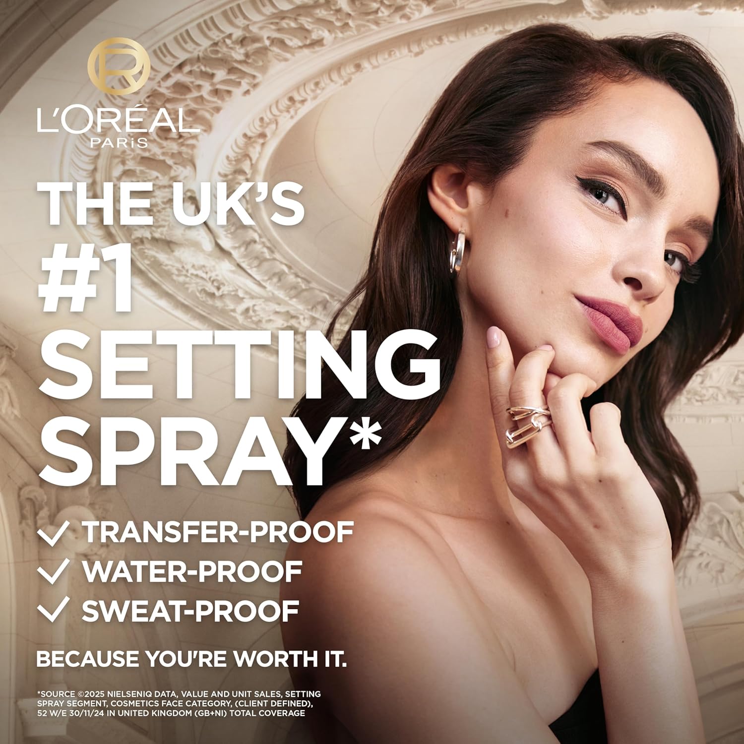 L'Oreal Paris Infallible Setting Spray key benefits including transfer-proof, waterproof, and sweat-proof protection
