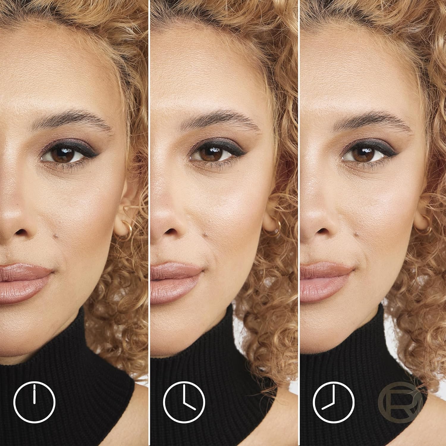 L'Oreal Paris Infallible Setting Spray long wear demonstration showing makeup at different time intervals throughout the day