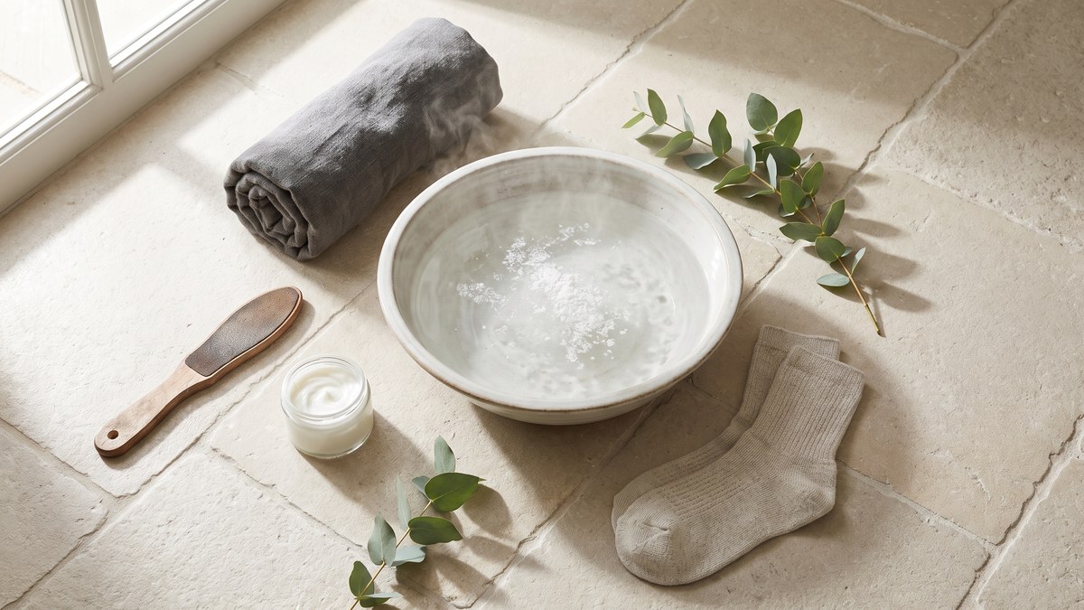 Home foot-spa setup for an at-home pedicure routine for dry, rough feet