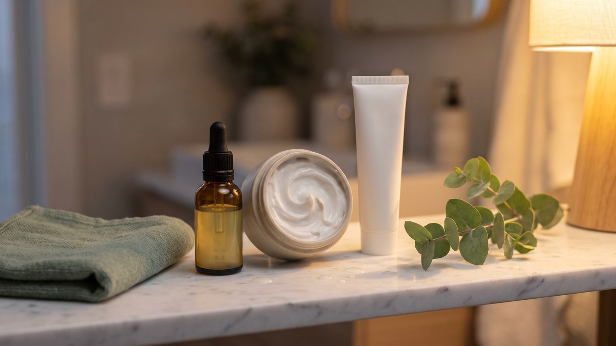 Amber dropper bottle of retinol serum beside a ceramide moisturiser and sunscreen on a bathroom shelf, set up for a beginner retinol routine without irritation