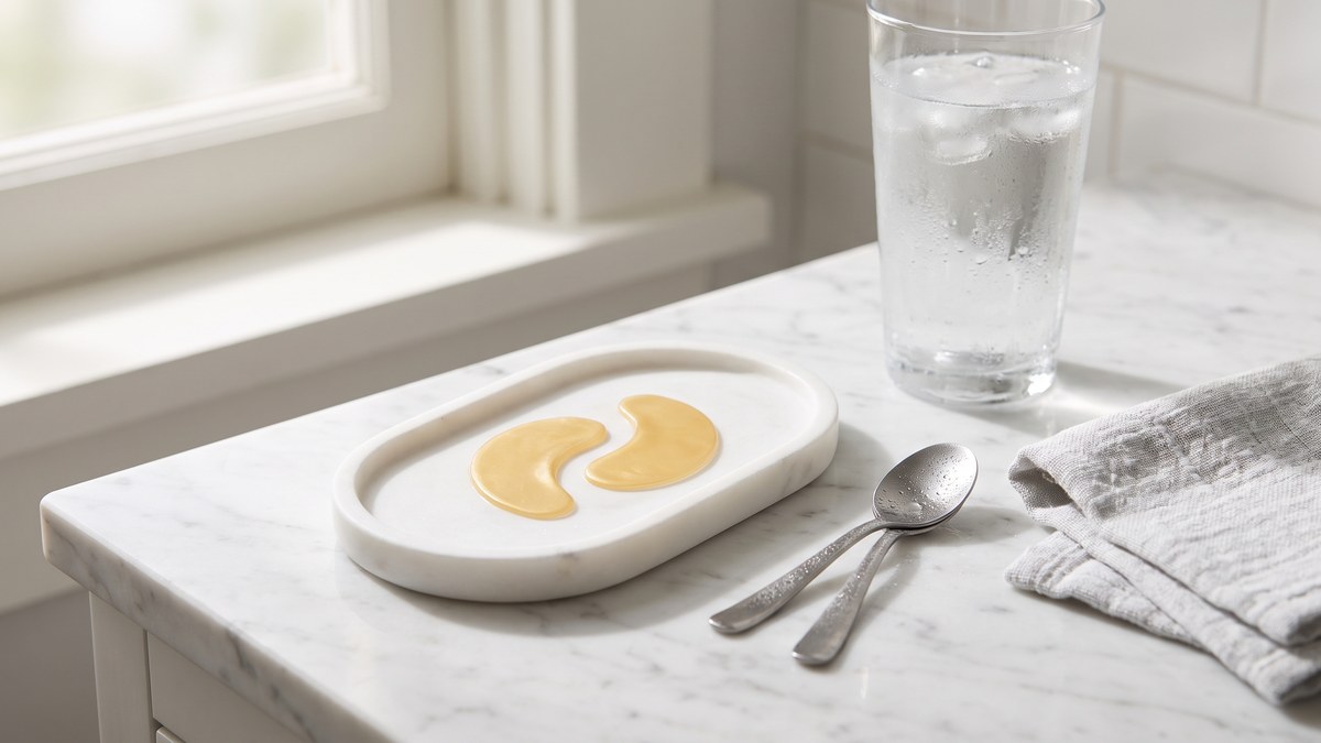 Chilled under-eye gel patches, teaspoons and a glass of water ready to reduce puffy eyes in the morning