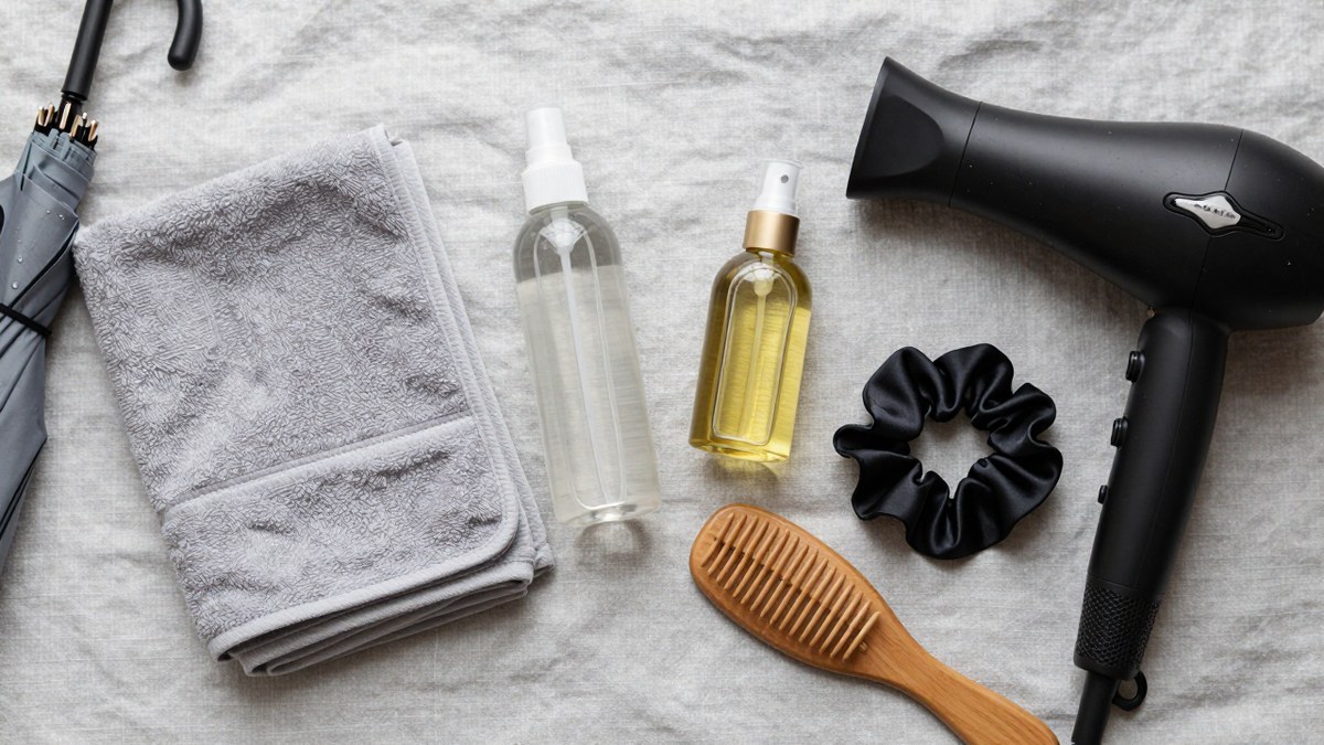 Microfibre towel, anti-frizz spray, hair oil, diffuser and silk scrunchie laid out to stop hair going frizzy in humid weather
