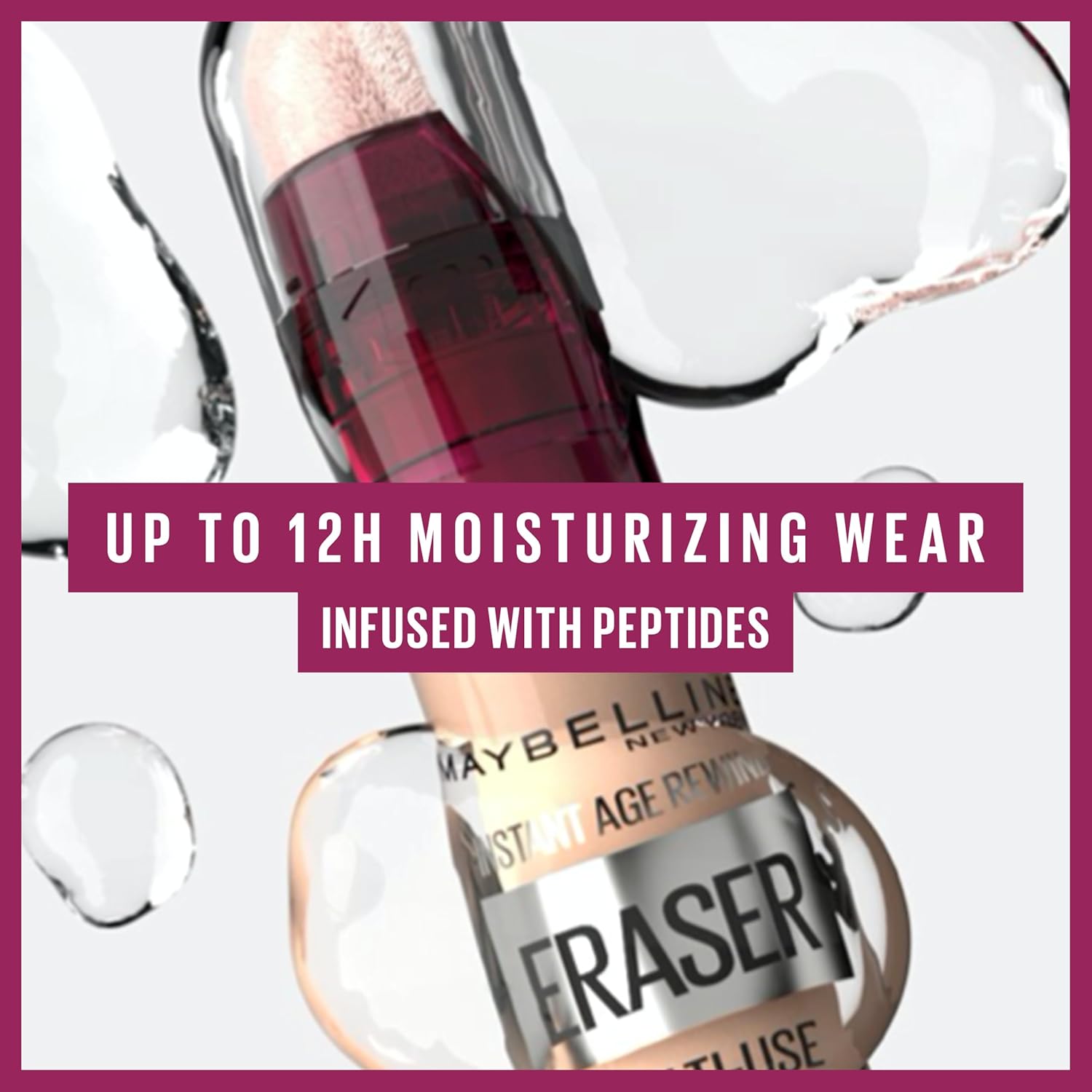 Maybelline Instant Anti Age Eraser Concealer infographic showing 12 hour moisturising wear and peptide-infused formula