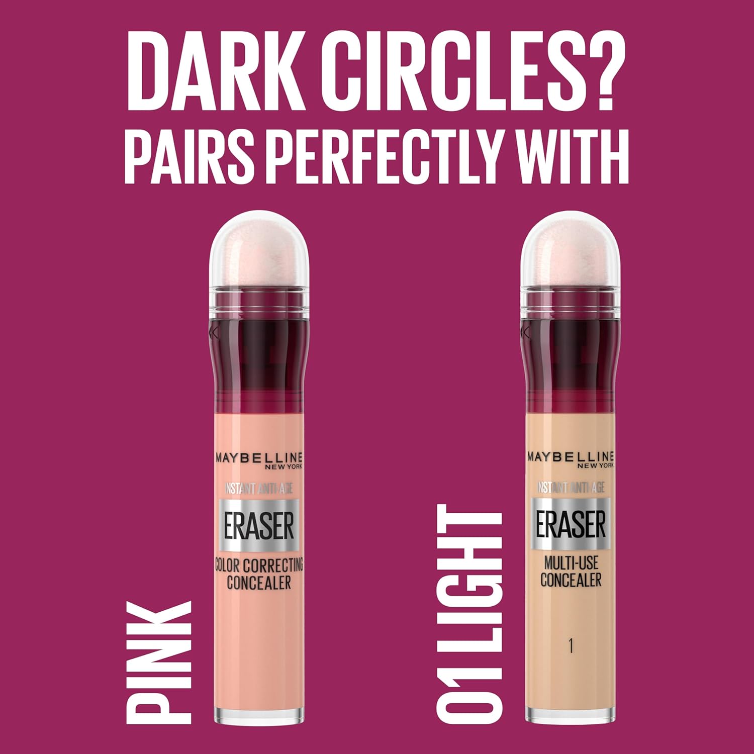 Maybelline Instant Anti Age Eraser Concealer paired with pink colour corrector for tackling dark circles