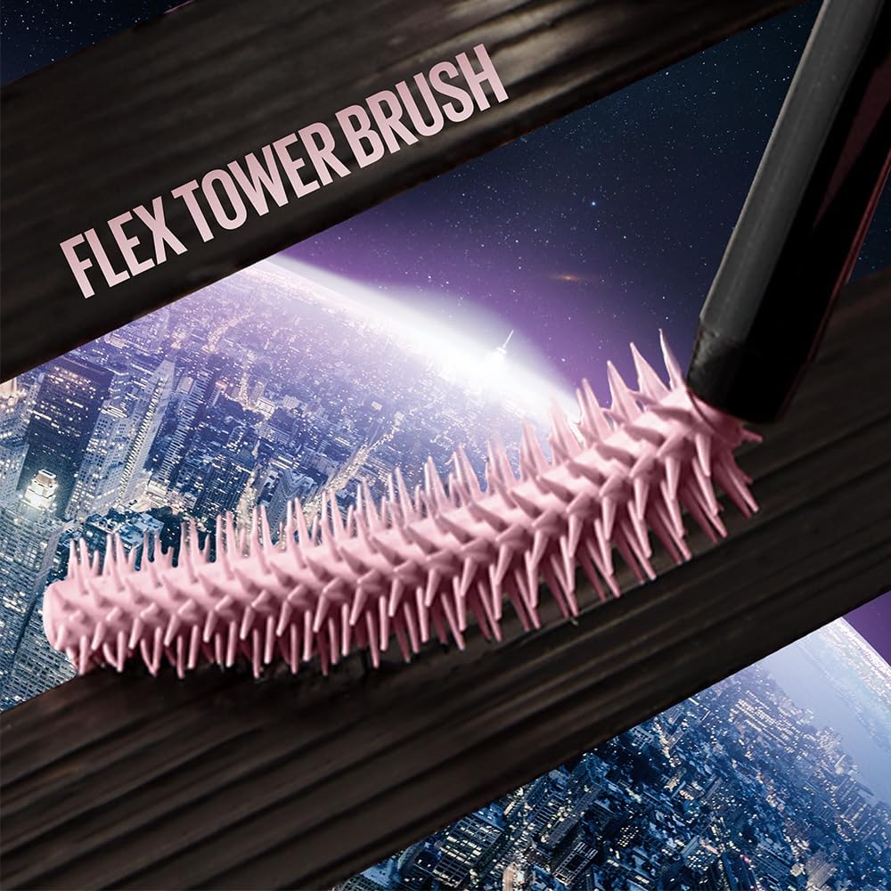 Close-up of Maybelline Sky High Flex Tower mascara brush showing thin flexible wand with straight bristles