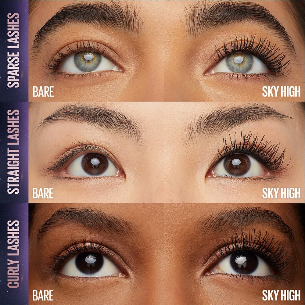 Before and after comparison of Maybelline Sky High mascara on three different lash types showing sparse straight and curly lashes