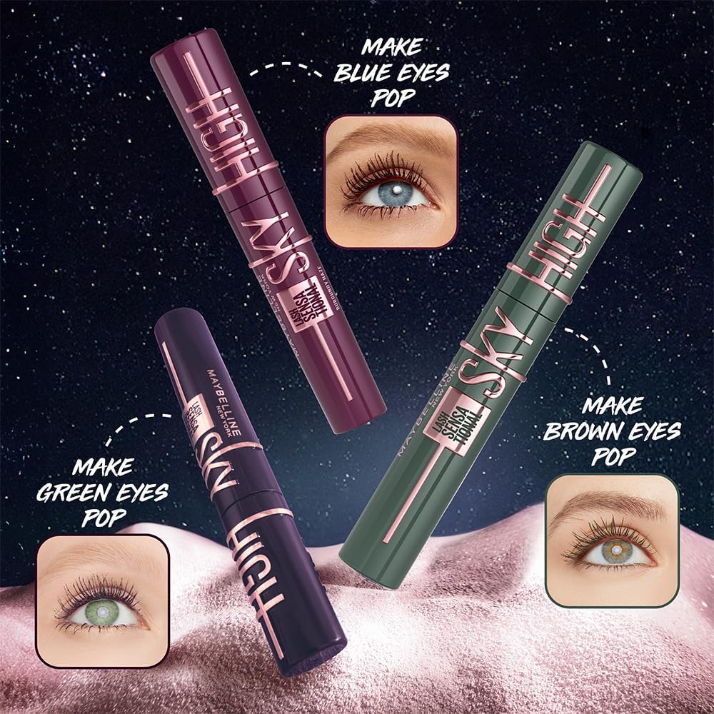 Maybelline Sky High mascara shade range showing three colour options with eye colour matching guide