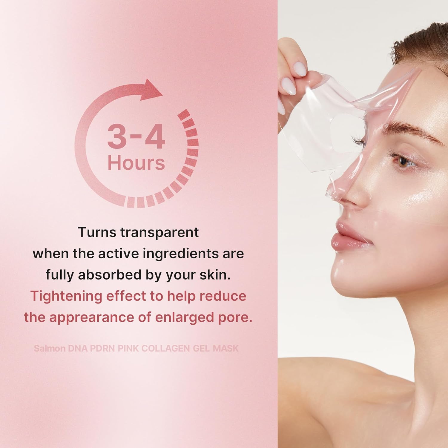 medicube PDRN collagen mask shown on face after several hours, with gel turned from opaque pink to transparent indicating absorption