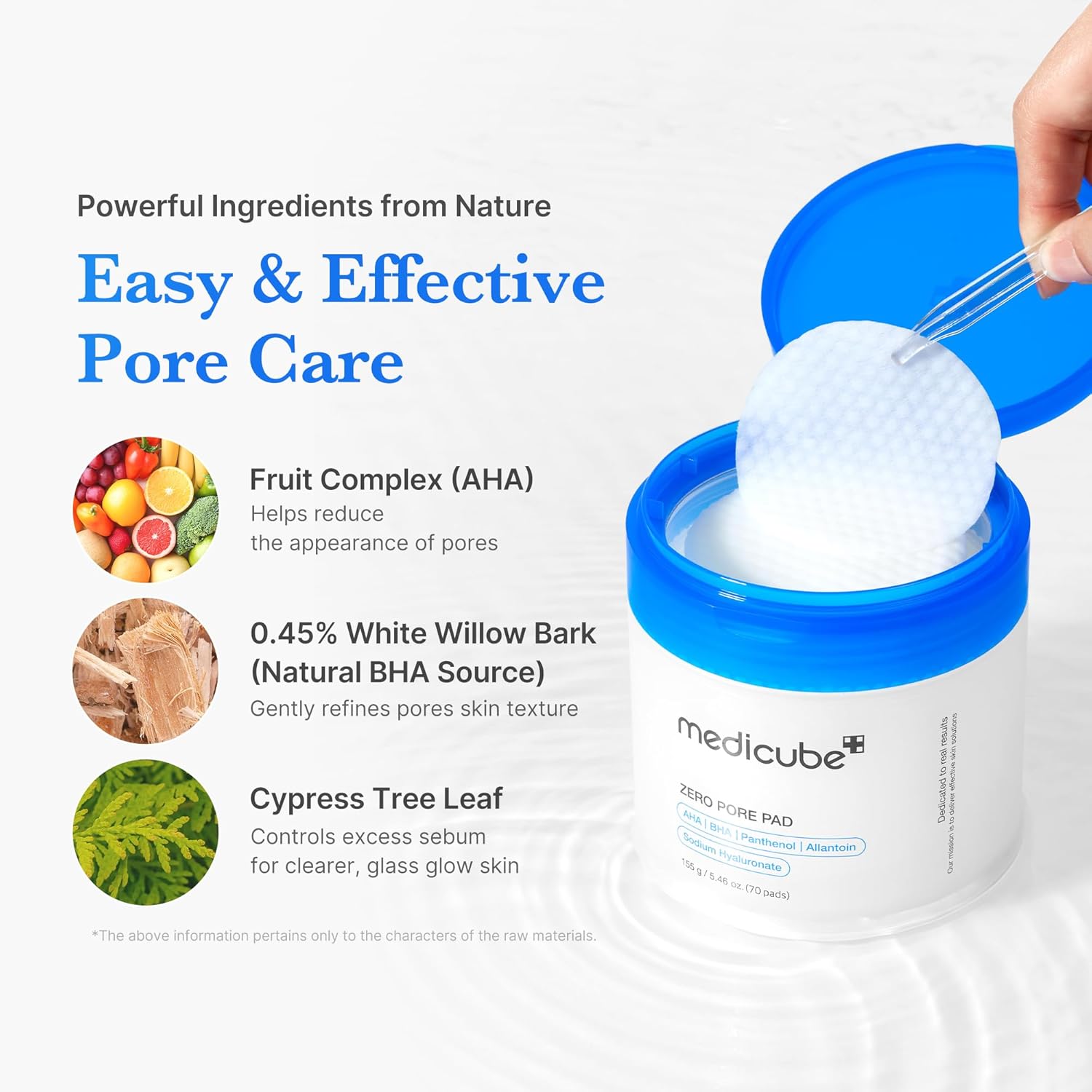 Medicube Zero Pore Pads key ingredients infographic showing AHA, BHA, and cypress tree leaf extract