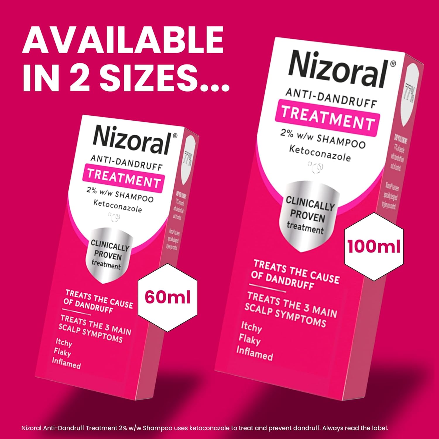 Nizoral Anti-Dandruff Shampoo available in 60ml and 100ml sizes