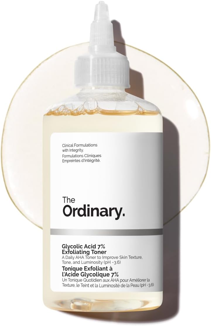 The Ordinary Glycolic Acid 7% Exfoliating Toner bottle with pale yellow liquid and white twist-tip cap