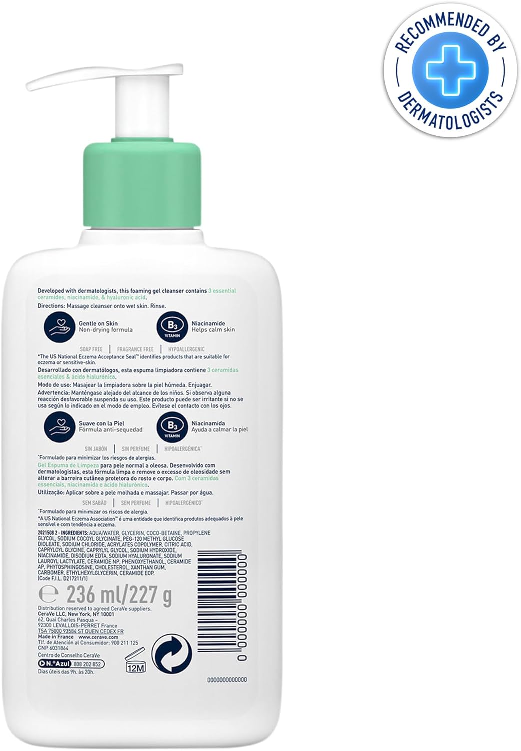 CeraVe Foaming Cleanser bottle back showing dermatologist recommendation badge and usage directions
