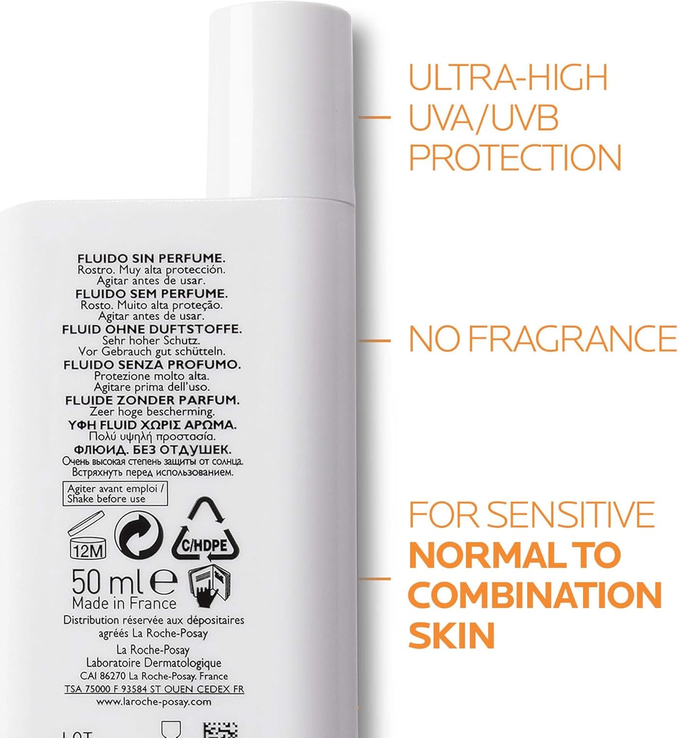 Back of La Roche-Posay Anthelios UVmune 400 bottle showing fragrance-free product details
