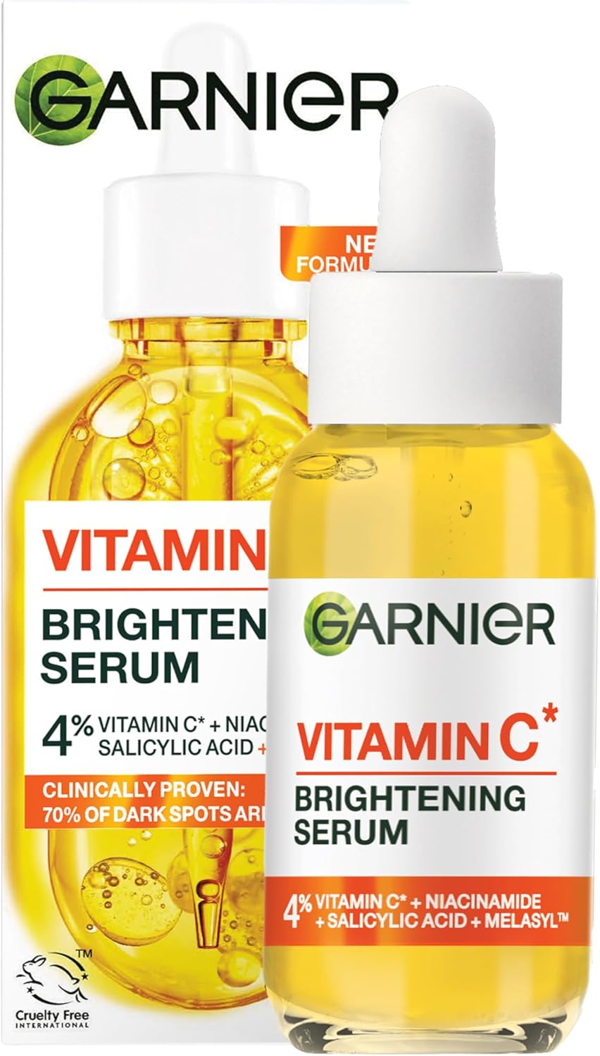 Garnier Vitamin C Brightening Serum bottle with retail packaging showing New Formula label and Cruelty Free certification