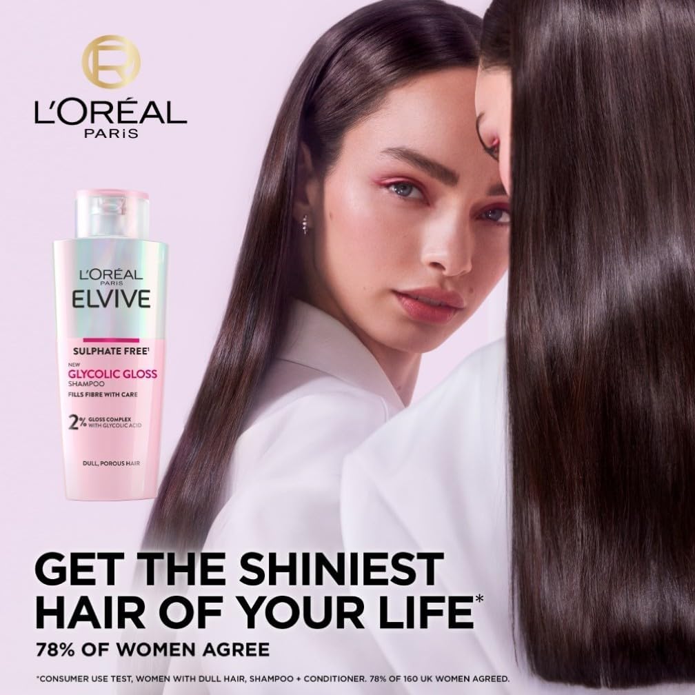 Model with glossy dark brown hair next to L'Oreal Elvive Glycolic Gloss Shampoo with 78% shine satisfaction claim