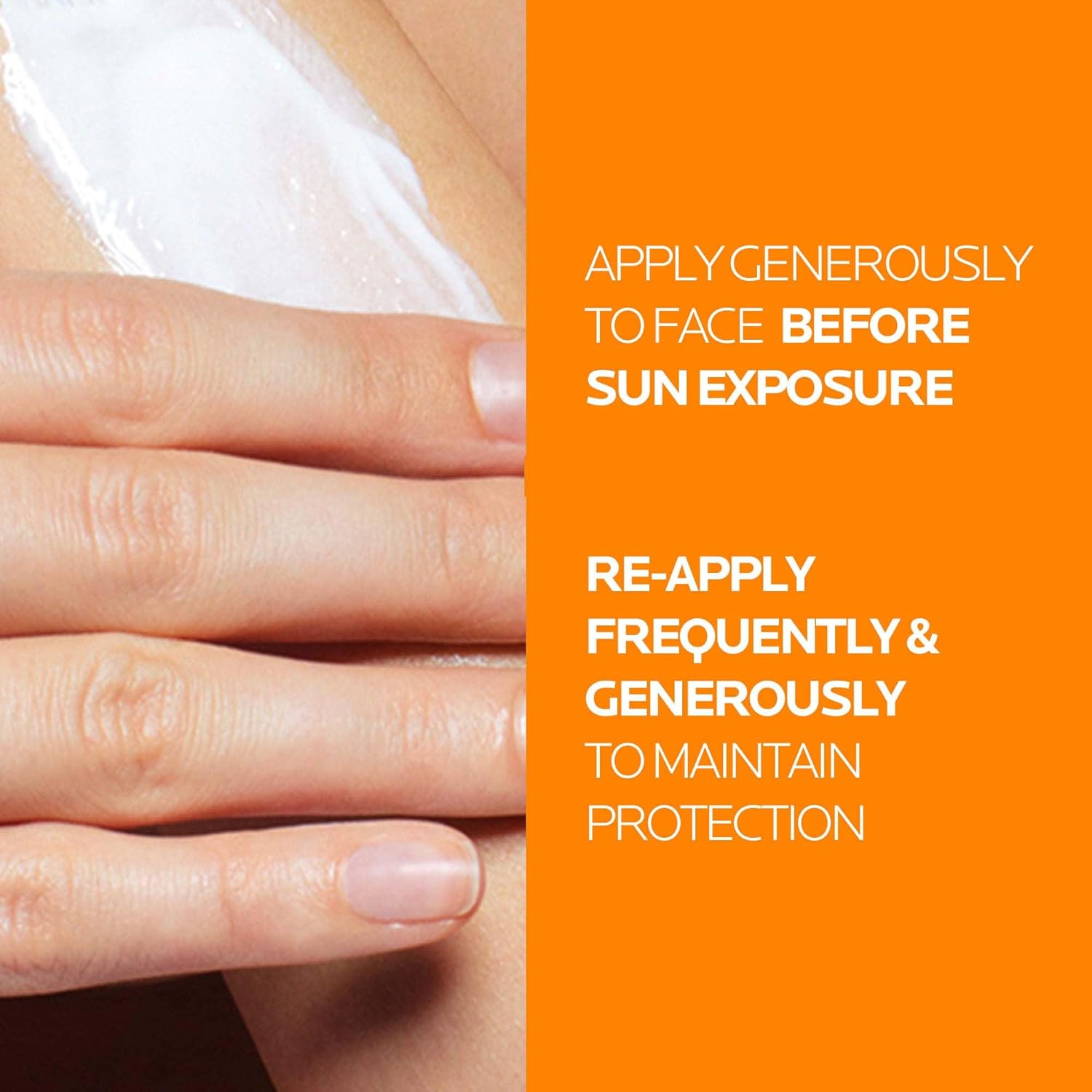 Hands applying La Roche-Posay Anthelios UVmune 400 sunscreen to face with application instructions