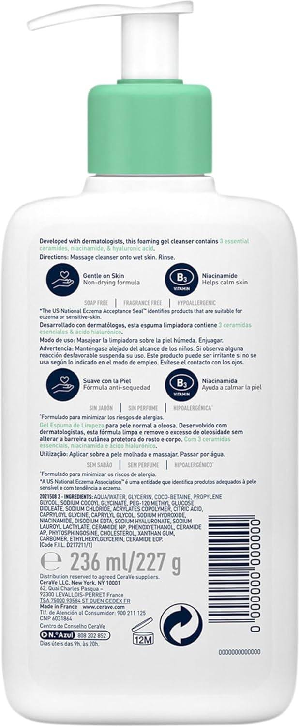 CeraVe Foaming Cleanser bottle back showing full ingredients list and product information