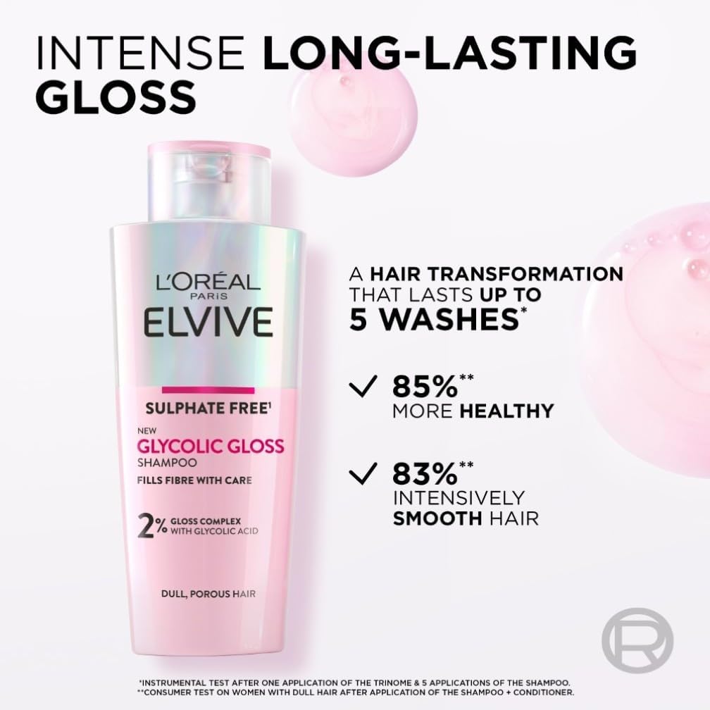 L'Oreal Elvive Glycolic Gloss Shampoo with claims of 85% healthier and 83% smoother hair lasting up to 5 washes