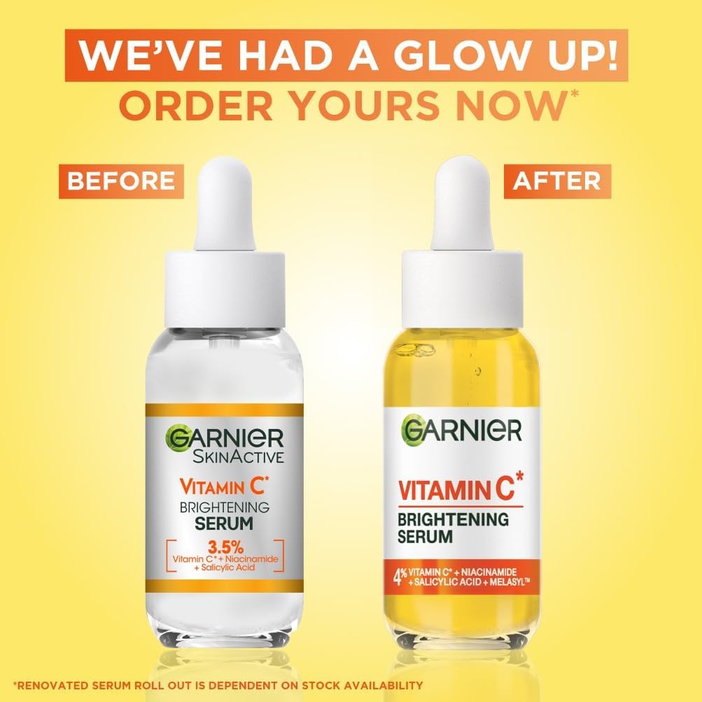 Comparison of old Garnier Vitamin C Serum formula at 3.5% alongside the new 4% formula with updated packaging