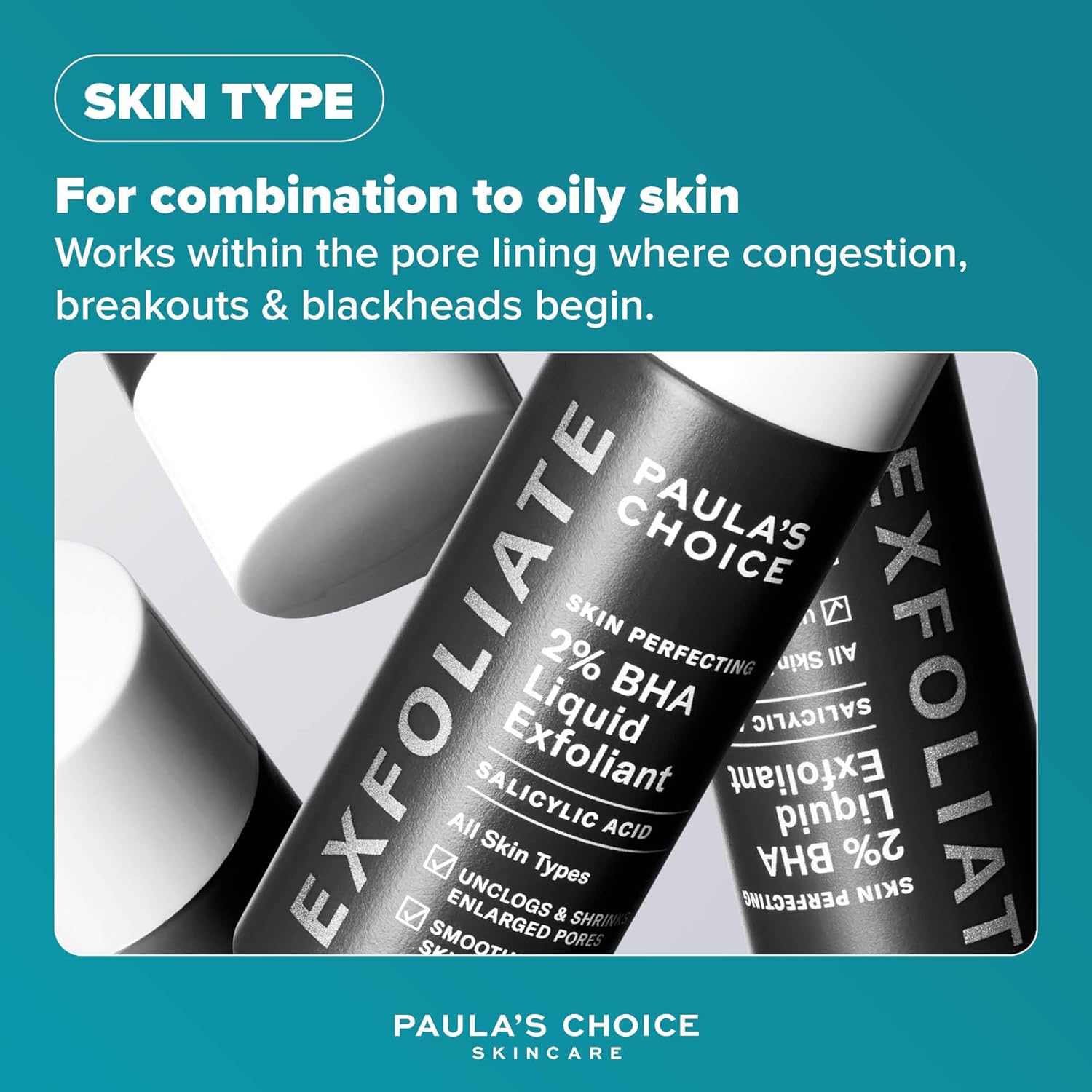 Paula's Choice infographic showing the product is suitable for combination to oily skin types