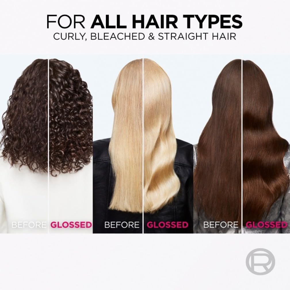 Before and after results of L'Oreal Glycolic Gloss Shampoo on curly, bleached, and straight hair types