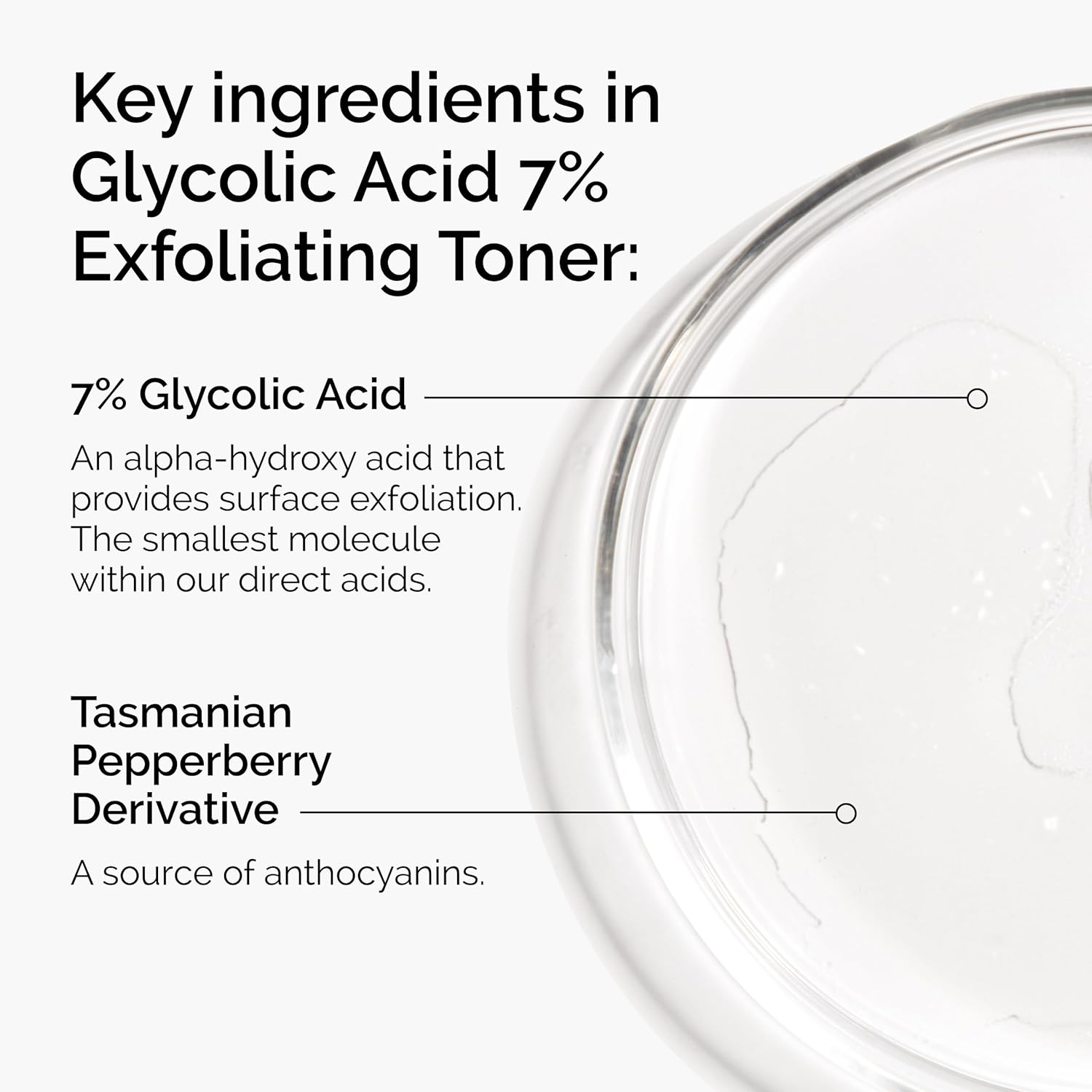 The Ordinary Glycolic Acid 7% Toner infographic showing key ingredients: 7% glycolic acid and Tasmanian pepperberry