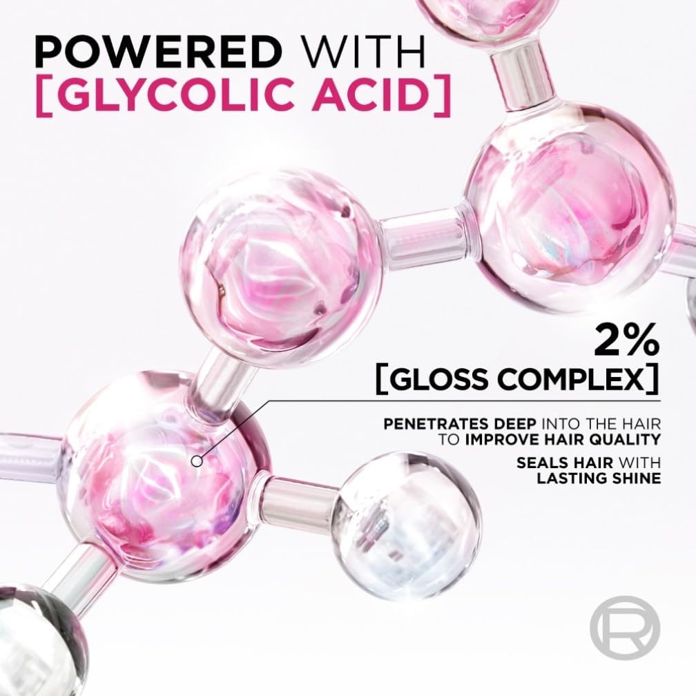 Glycolic acid molecular structure graphic showing 2% gloss complex that penetrates hair fibre for lasting shine