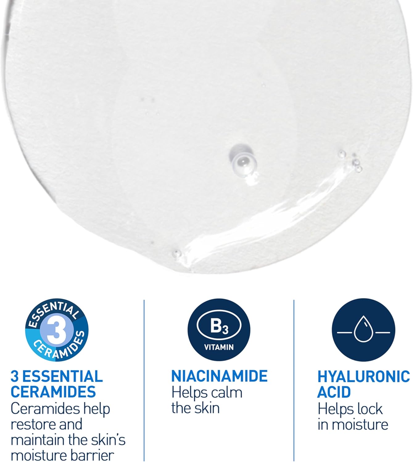 CeraVe Foaming Cleanser key ingredients infographic showing ceramides, niacinamide and hyaluronic acid benefits