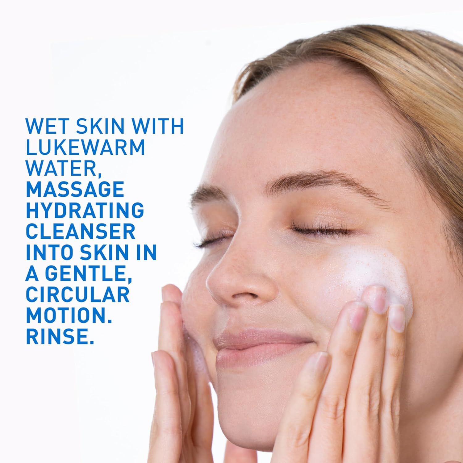 Woman applying CeraVe Foaming Cleanser to face demonstrating gentle circular massage technique