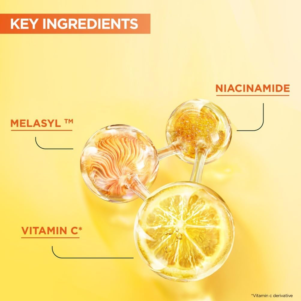 Graphic showing the key ingredients in Garnier Vitamin C Serum: Vitamin C, Niacinamide, and Melasyl in illustrated bubbles