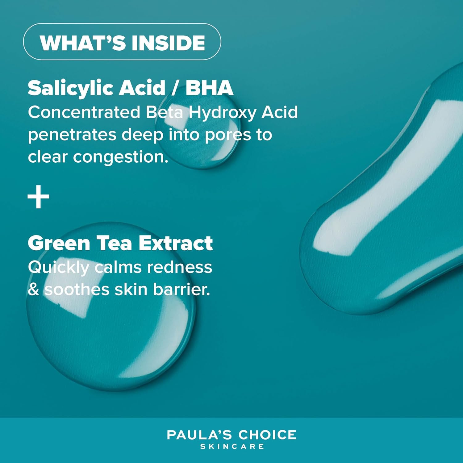 Paula's Choice BHA key ingredients infographic showing Salicylic Acid/BHA and Green Tea Extract