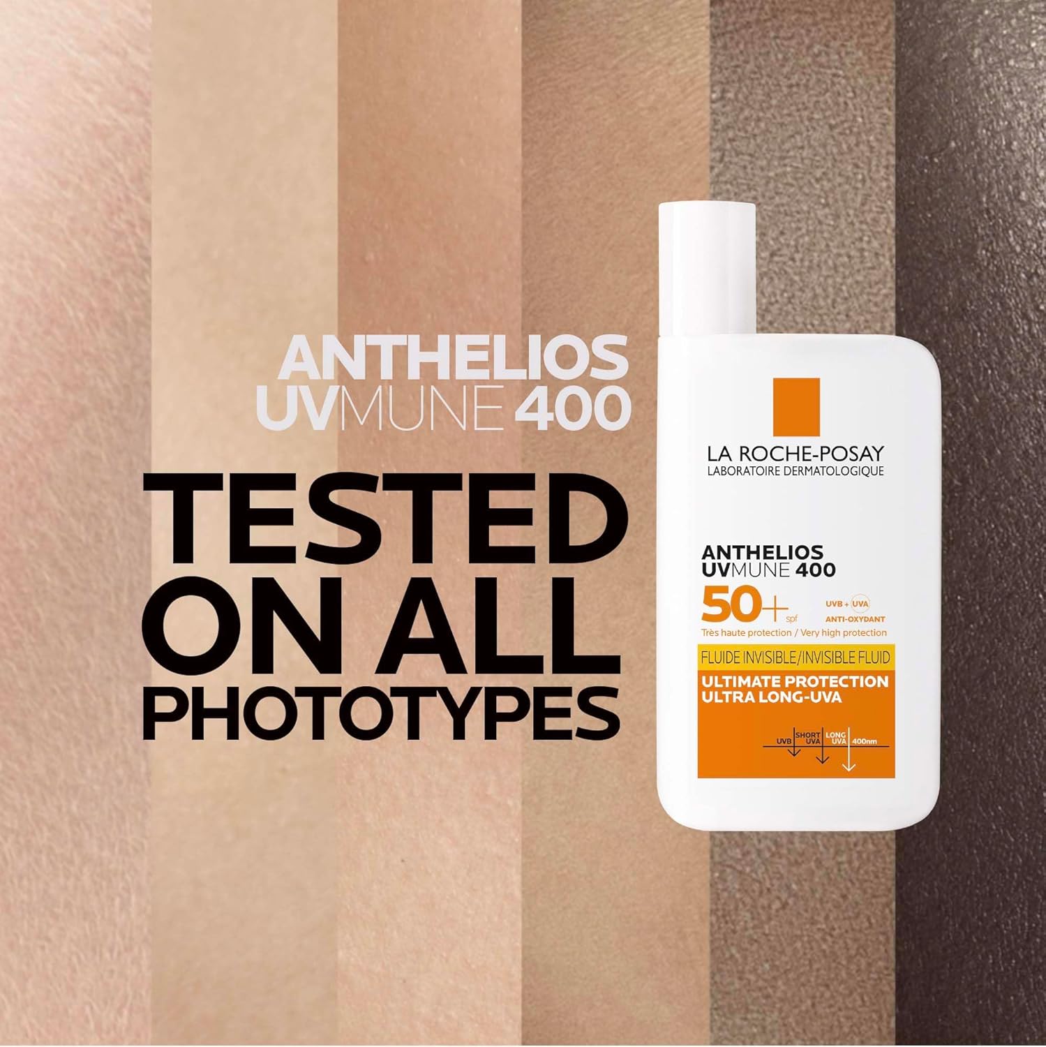 La Roche-Posay Anthelios UVmune 400 shown on a spectrum of skin tones, tested on all phototypes