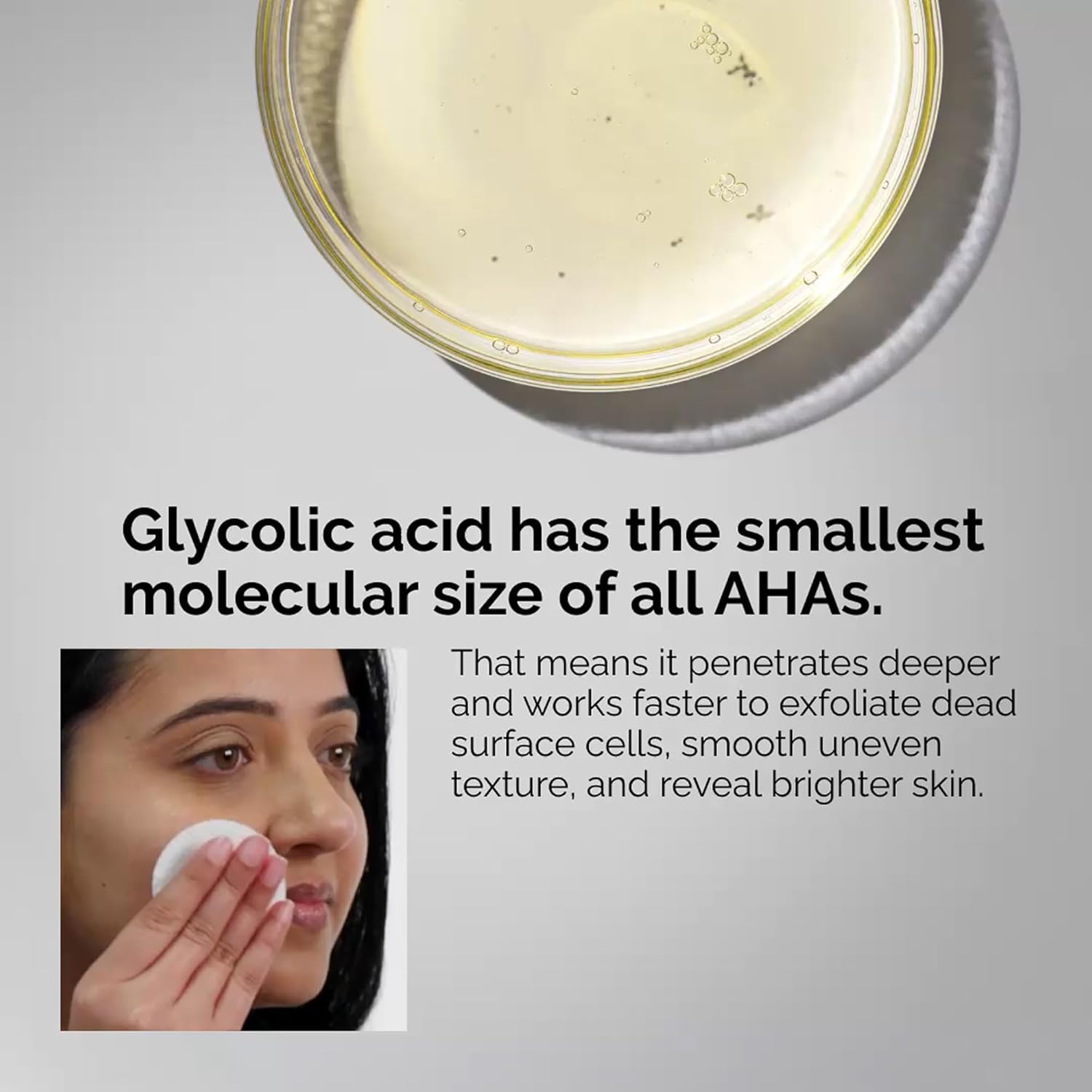 Split image showing The Ordinary Glycolic Acid Toner liquid in a dish and a woman applying it with a cotton pad