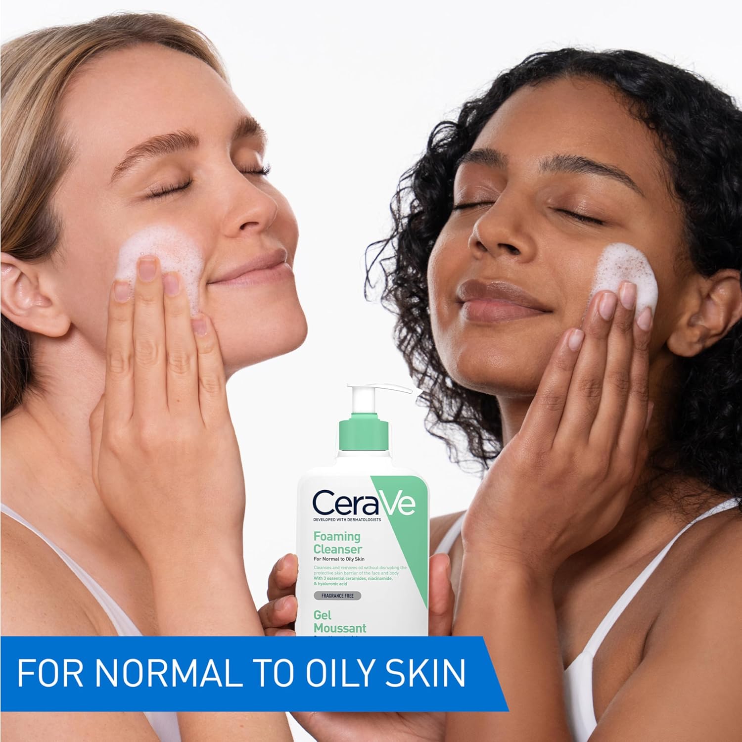 Two women with different skin types using CeraVe Foaming Cleanser showing it suits normal to oily skin