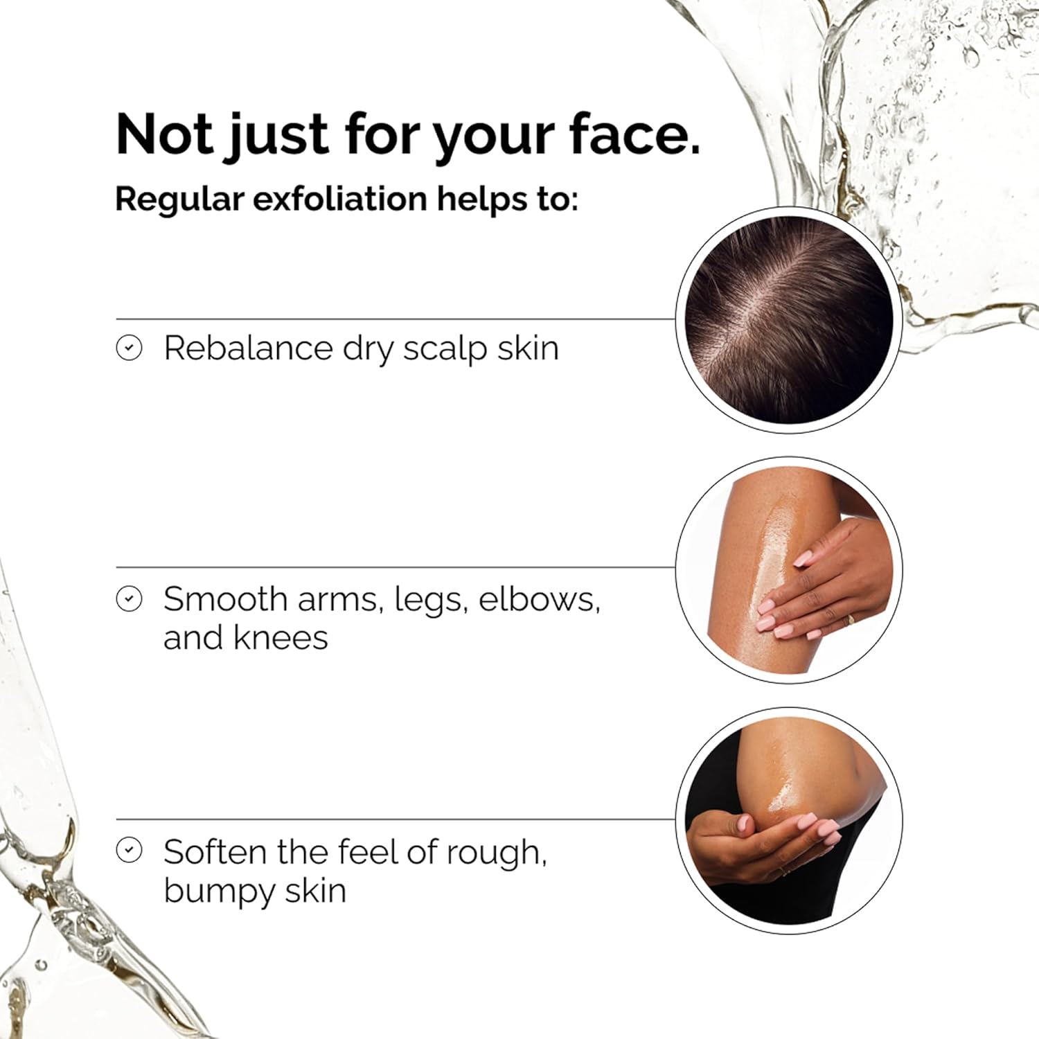 The Ordinary Glycolic Acid Toner infographic showing body uses including scalp, arms, legs, and rough bumpy skin