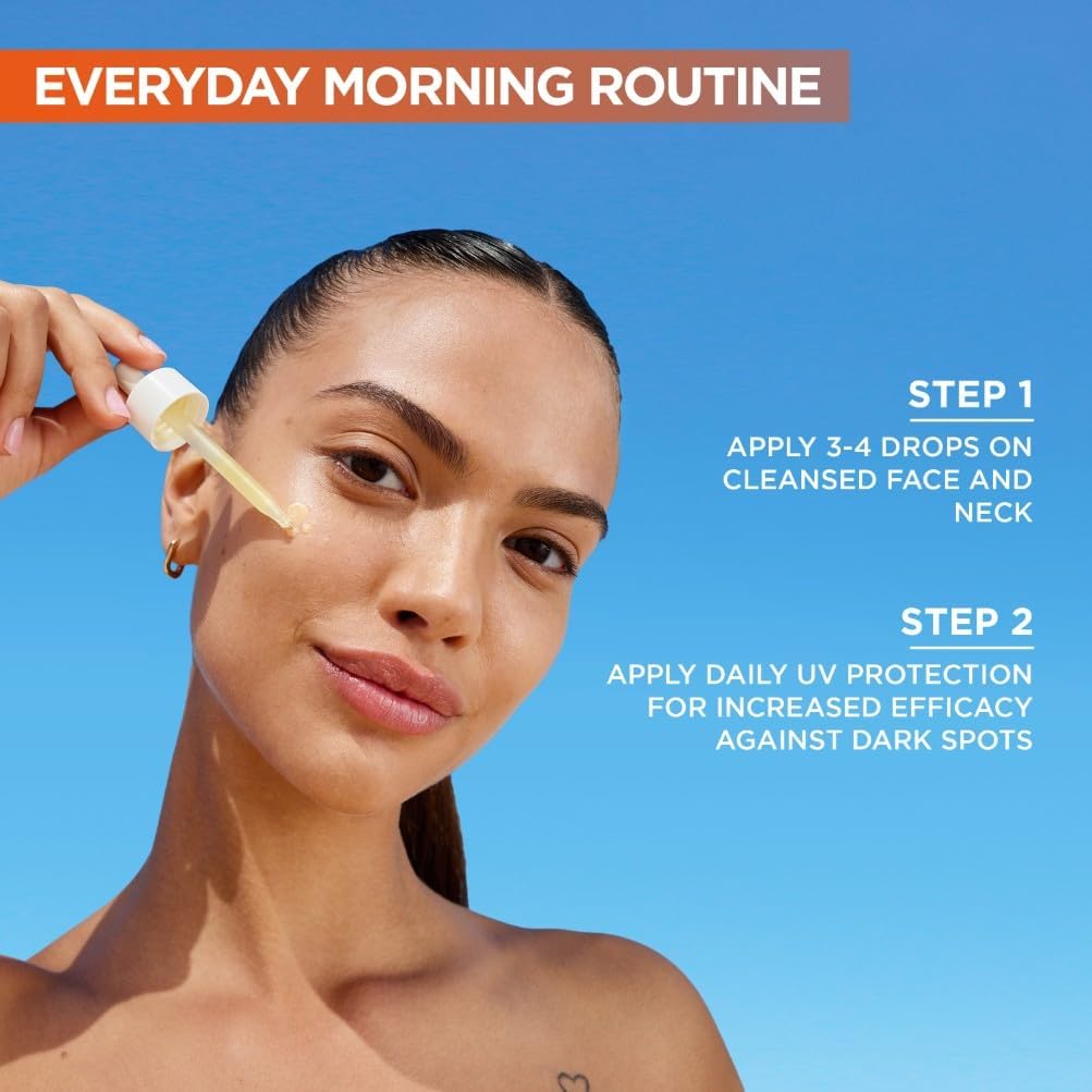 Woman applying Garnier Vitamin C Serum with the dropper applicator, showing the step-by-step application process