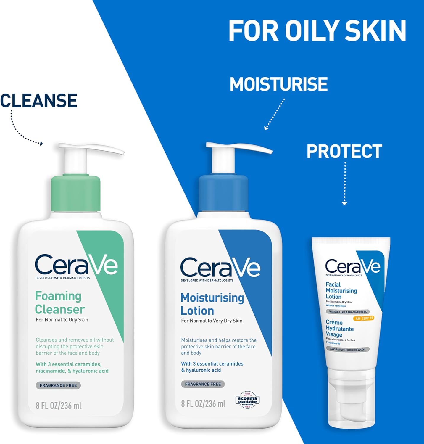 CeraVe skincare routine showing Foaming Cleanser with Moisturising Lotion and SPF moisturiser for a complete cleanse moisturise protect regimen