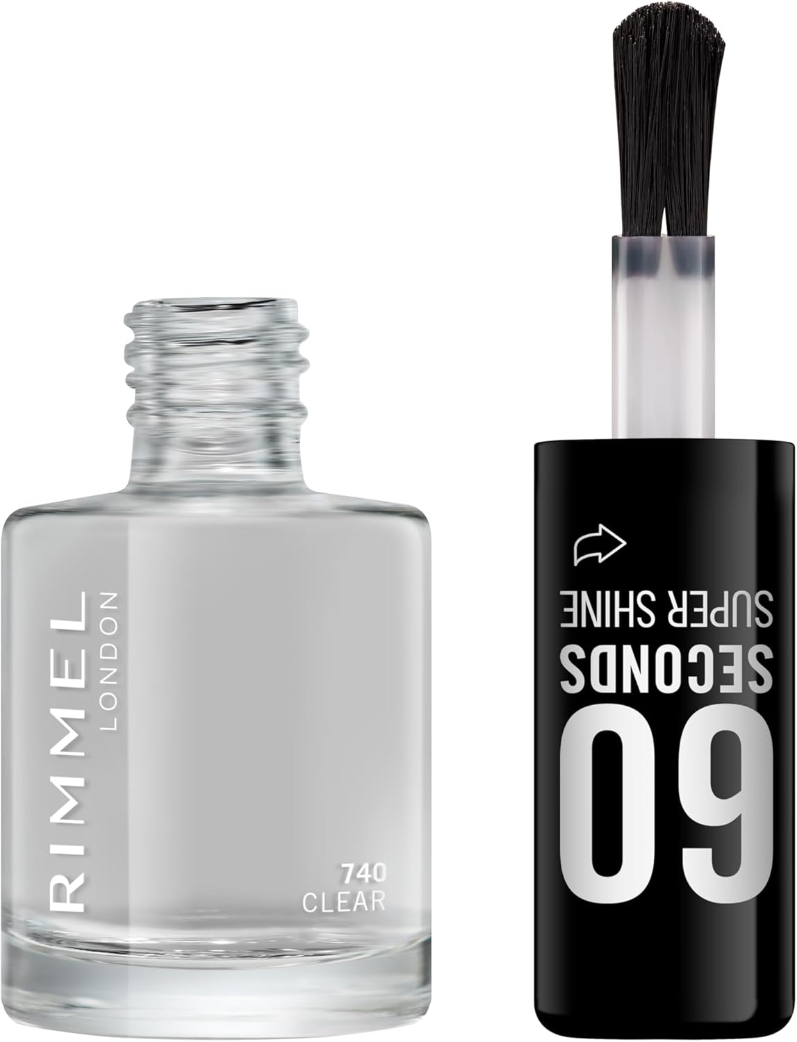 Close-up of the Rimmel 60 Seconds Super Shine brush applicator showing the wide flat brush with clear polish