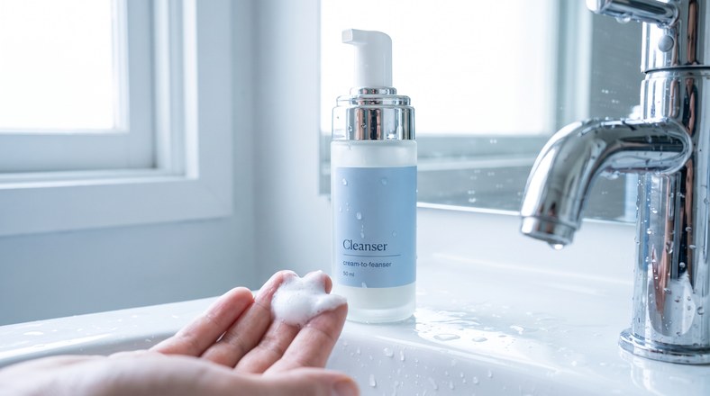 Gentle hydrating cleanser being dispensed, the first step when layering skincare in the right order