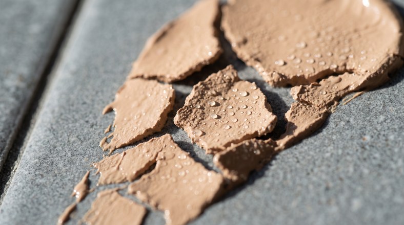 Macro of foundation separating into uneven patches on a tile, showing what foundation separation looks like close up